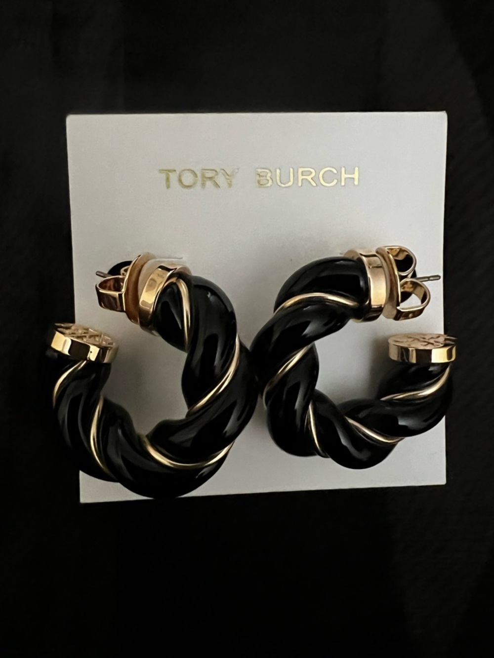 NWT Authentic Tory Burch Black and Gold Textured Rope Hoop Earrings - Picture 13 of 13